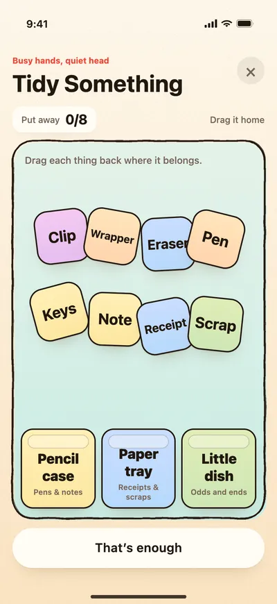 Tidy Something: clips, keys and receipts waiting to go in the pencil case, paper tray and little dish