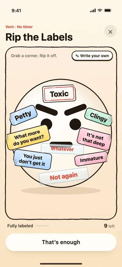 Rip the Labels: a blob covered in labels like Toxic, Petty and Clingy